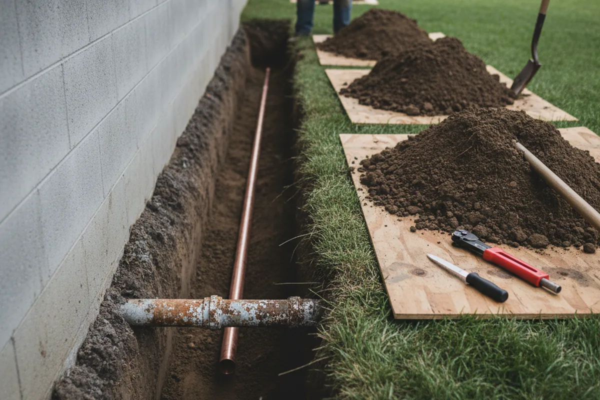 Excavated water line trench during Water Softener Installation in Flourtown